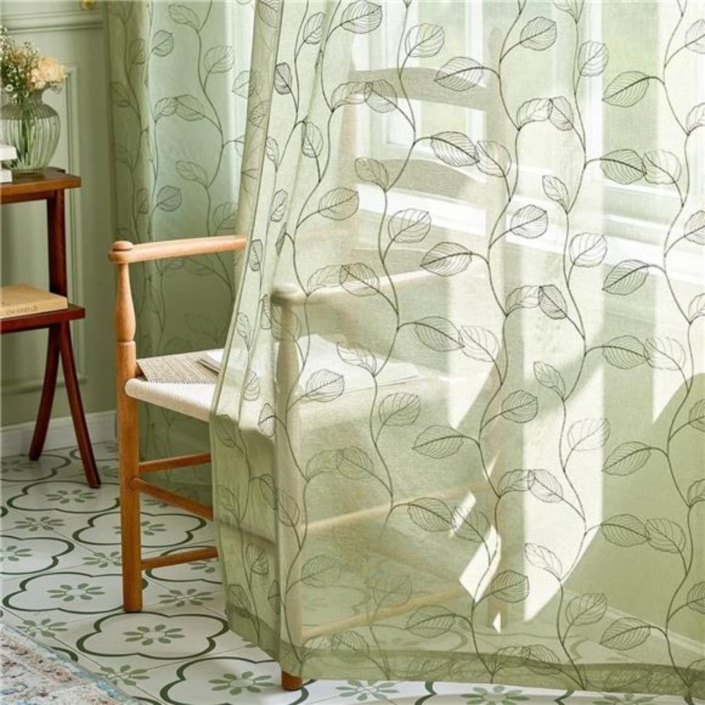 Sage Sheer Curtains Leaf Embroidered 96 Inch Long for Living Room Bedroom Rod